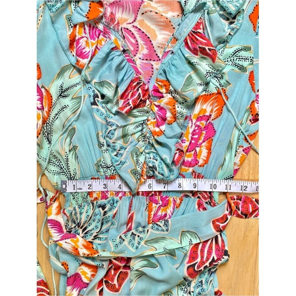 Jaase Boho Aqua Light Blue Floral Dress Ruffle Flowy Tassel Smocked Medium - Picture 12 of 16